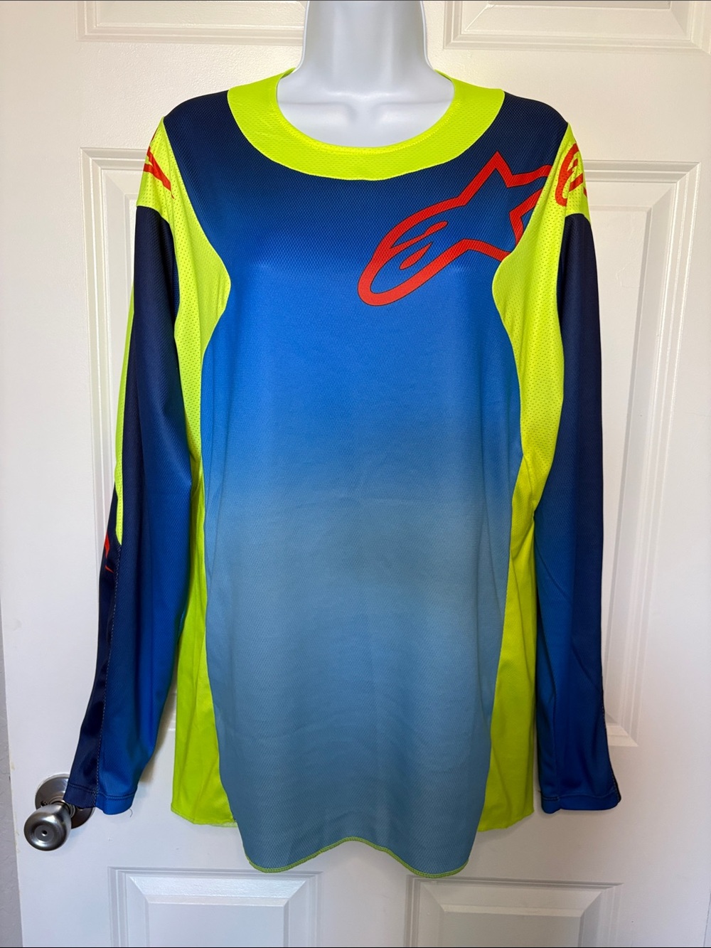 Alpinestars Blue & Neon Yellow Long Sleeve Motocross Jersey with Red Logo Size M